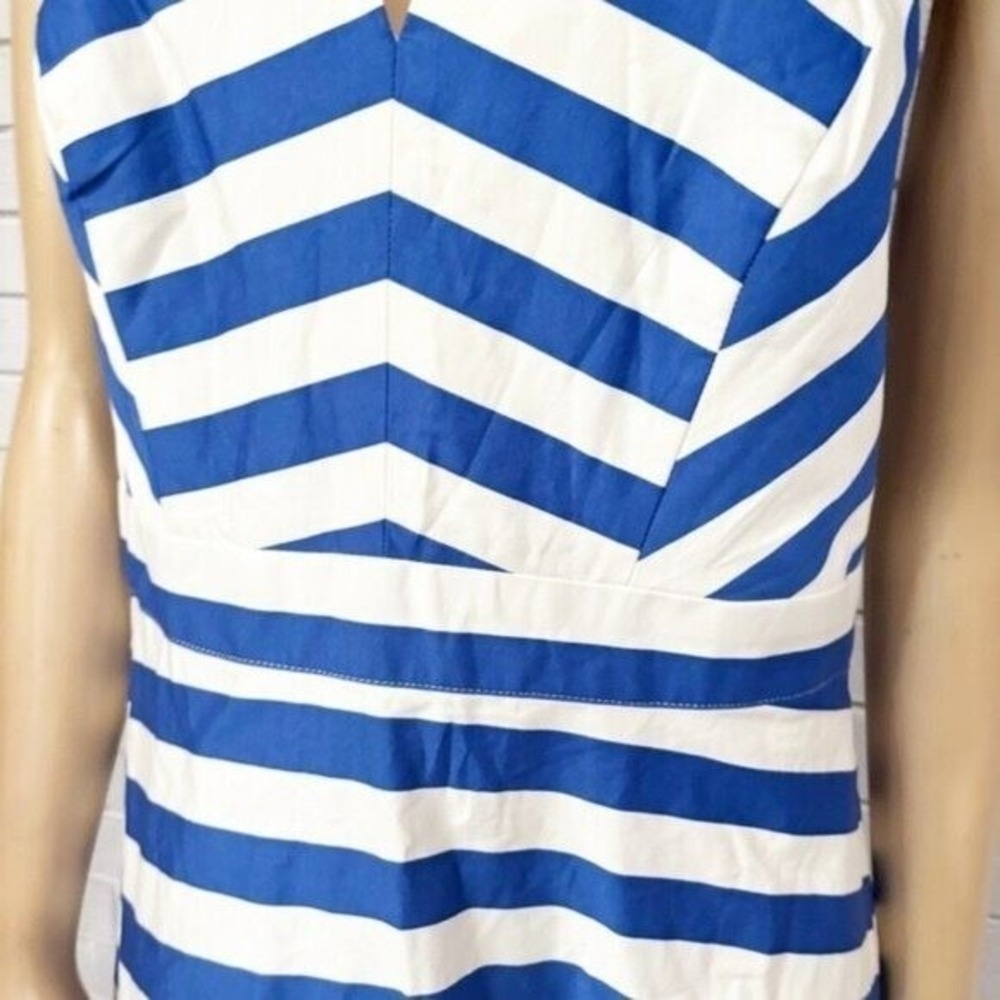 Boden Blue White Striped V-Neck Fit and Flare Midi Dress with Pockets Size 16R - Picture 3 of 14